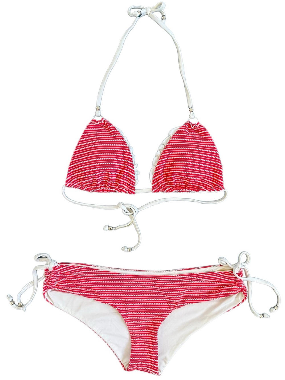 Vitamin A Reversible Coral Red & White Striped Bikini Set (See Measurements)